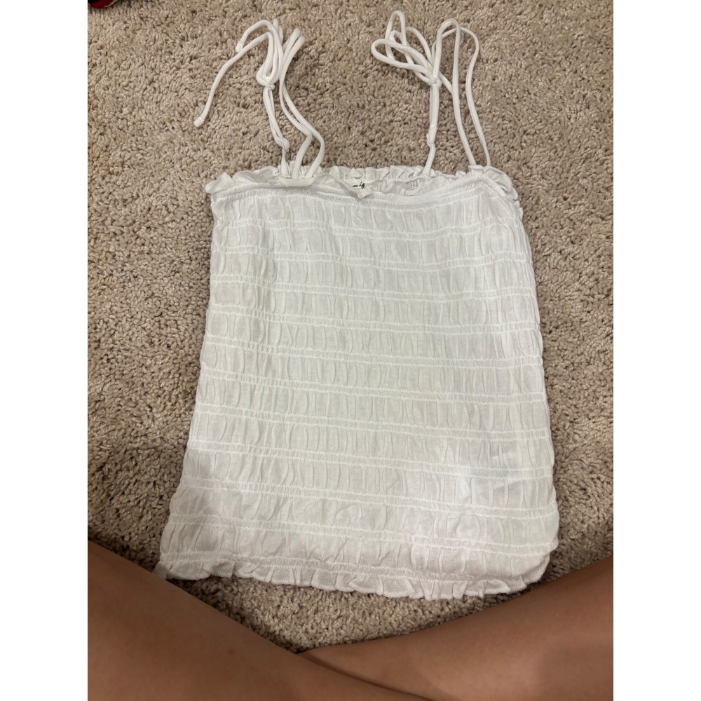 Aerie White Smocked Cami Tank Top Tie Strap Ruffle Hem Sleeveless Blouse Small